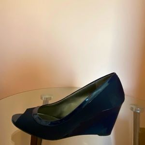 Navy blue patent/fabric wedges